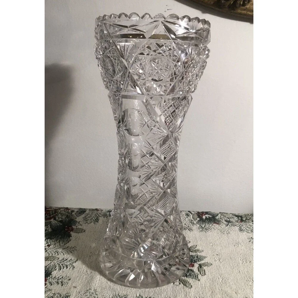 Vtg ABP  Cut Glass Corset Sawtooth Vase 10”